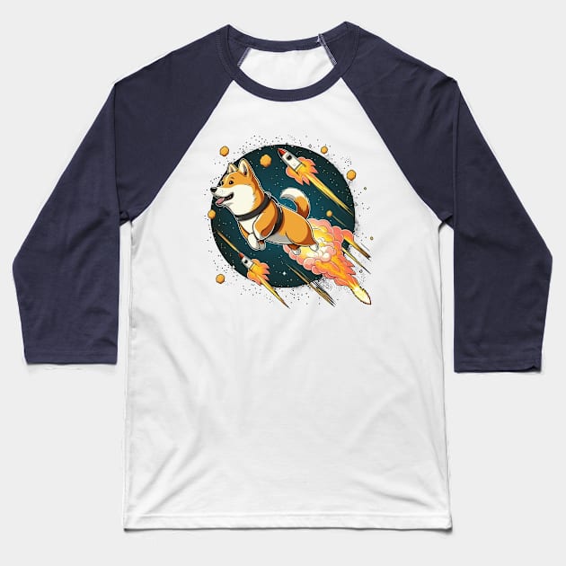 shiba inu flying into space with a rocket Baseball T-Shirt by bmron